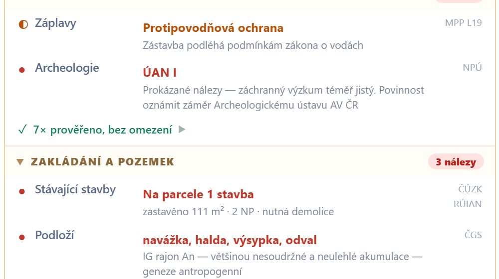 Karta Rizika a omezení v devcheck – řádek Archeologie s kategorií ÚAN I a poznámkou, že záchranný výzkum je téměř jistý