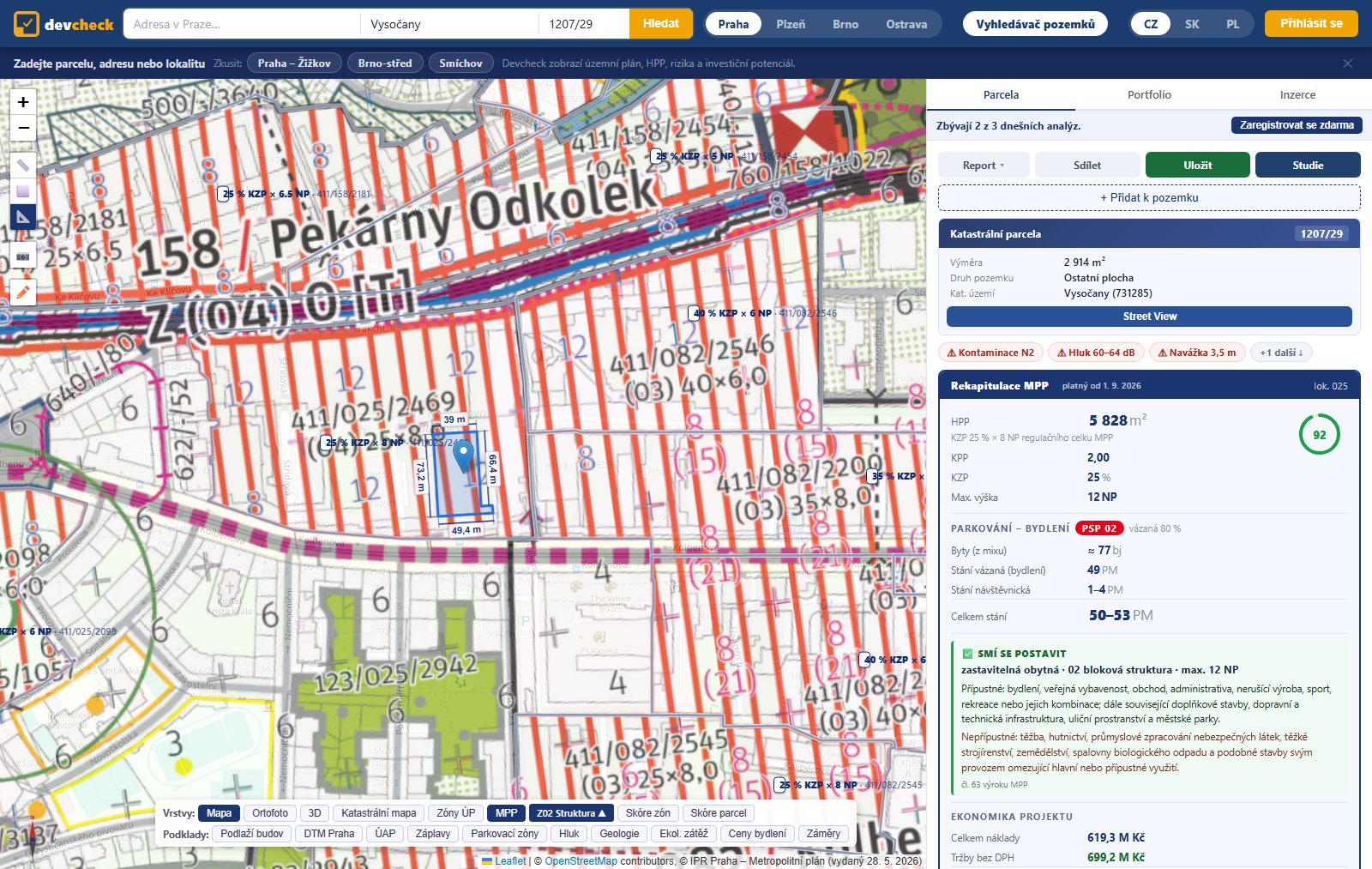 Panel devcheck pro parcelu 1207/29 ve Vysočanech: HPP 5 828 m², přibližně 77 bytů podle mixu a 50 až 53 parkovacích stání