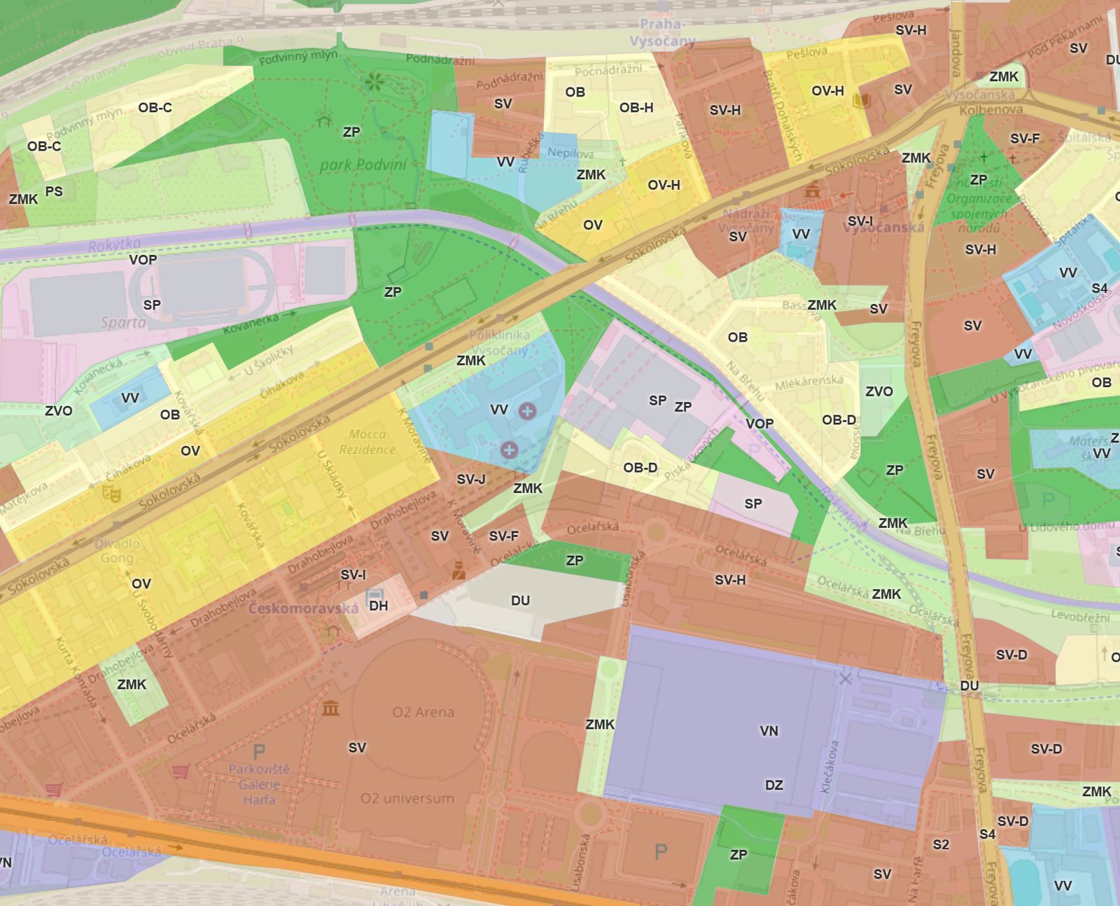 Mapa funkčních ploch územního plánu v devcheck – každá plocha s vlastní hodnotou koeficientu