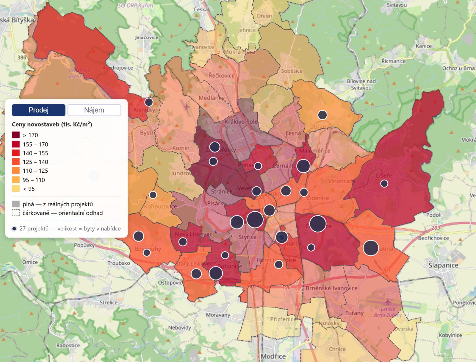 Mapa cen nových bytů v Brně v devcheck – katastrální území obarvená podle ceny za m²