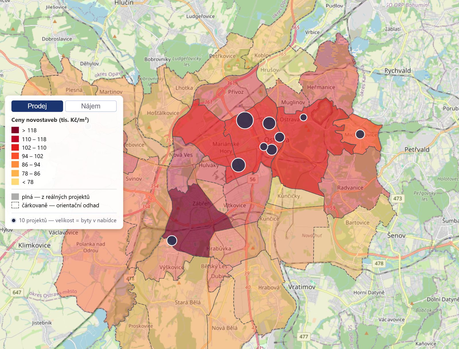 Mapa cen nových bytů v Ostravě v devcheck – katastrální území obarvená podle ceny za m², projekty v centru a v Zábřehu