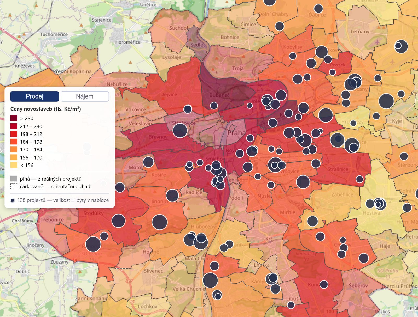 Mapa cen nových bytů v Praze v devcheck – katastrální území obarvená podle ceny za m², kroužky projektů a legenda