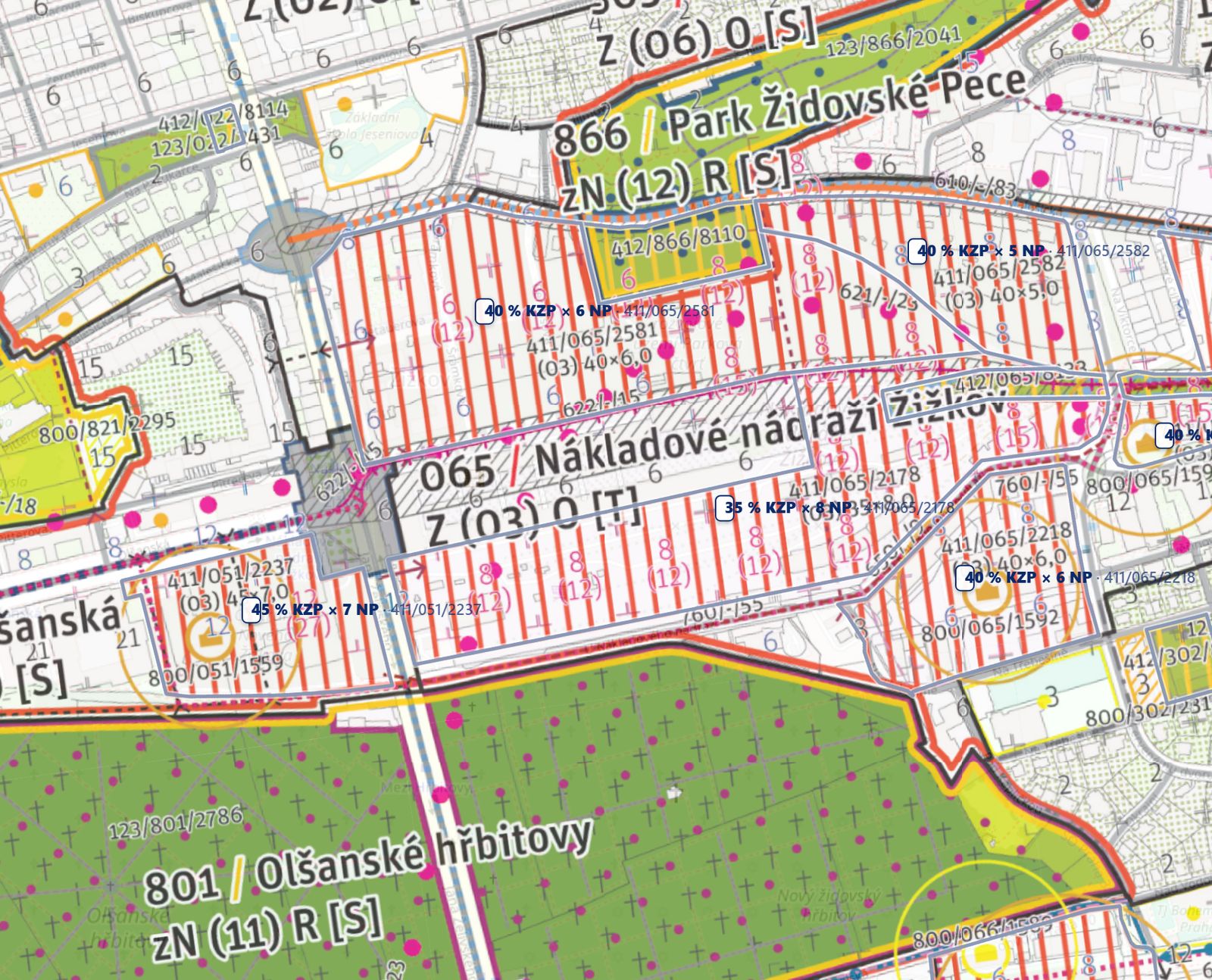 Vrstva Metropolitního plánu v devcheck kolem Nákladového nádraží Žižkov – lokalita 065 jako transformační území s regulačními celky