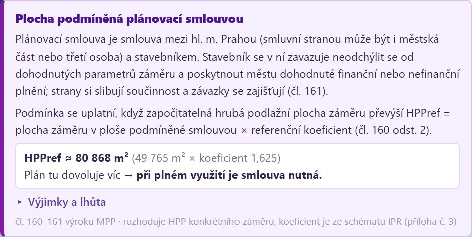 Karta Plocha podmíněná plánovací smlouvou v devcheck: HPPref přibližně 80 868 m² z výměry 49 765 m² a koeficientu 1,625, plán tu dovoluje víc