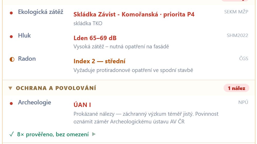 Karta Rizika a omezení v devcheck – blok Kontaminace a hygiena s ekologickou zátěží, hlukem a radonovým indexem 2