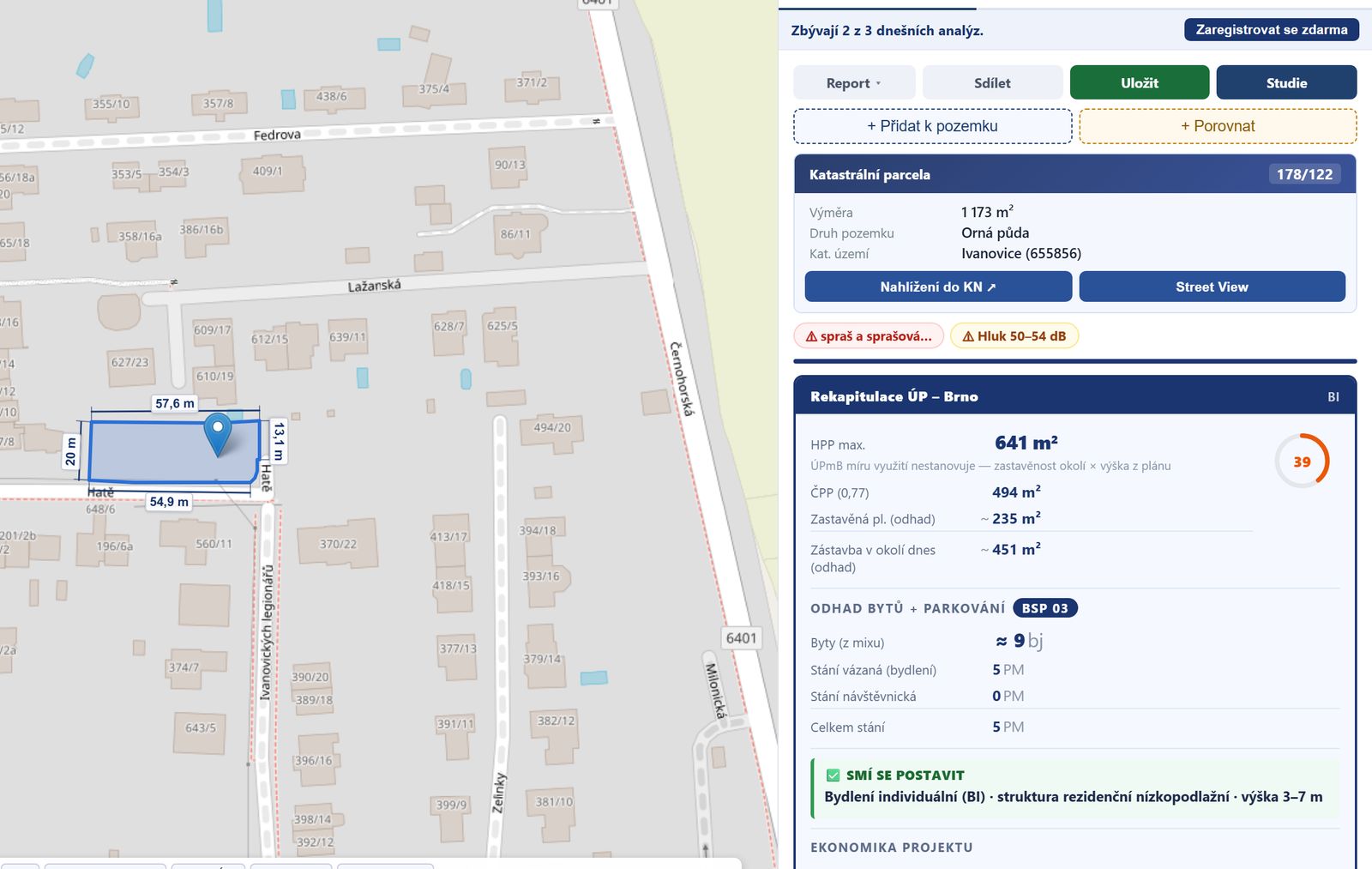 Mapa devcheck s ornou půdou 1 173 m² v brněnských Ivanovicích a panelem Rekapitulace ÚP Brno: HPP max. 641 m², Bydlení individuální (BI), výška 3–7 m