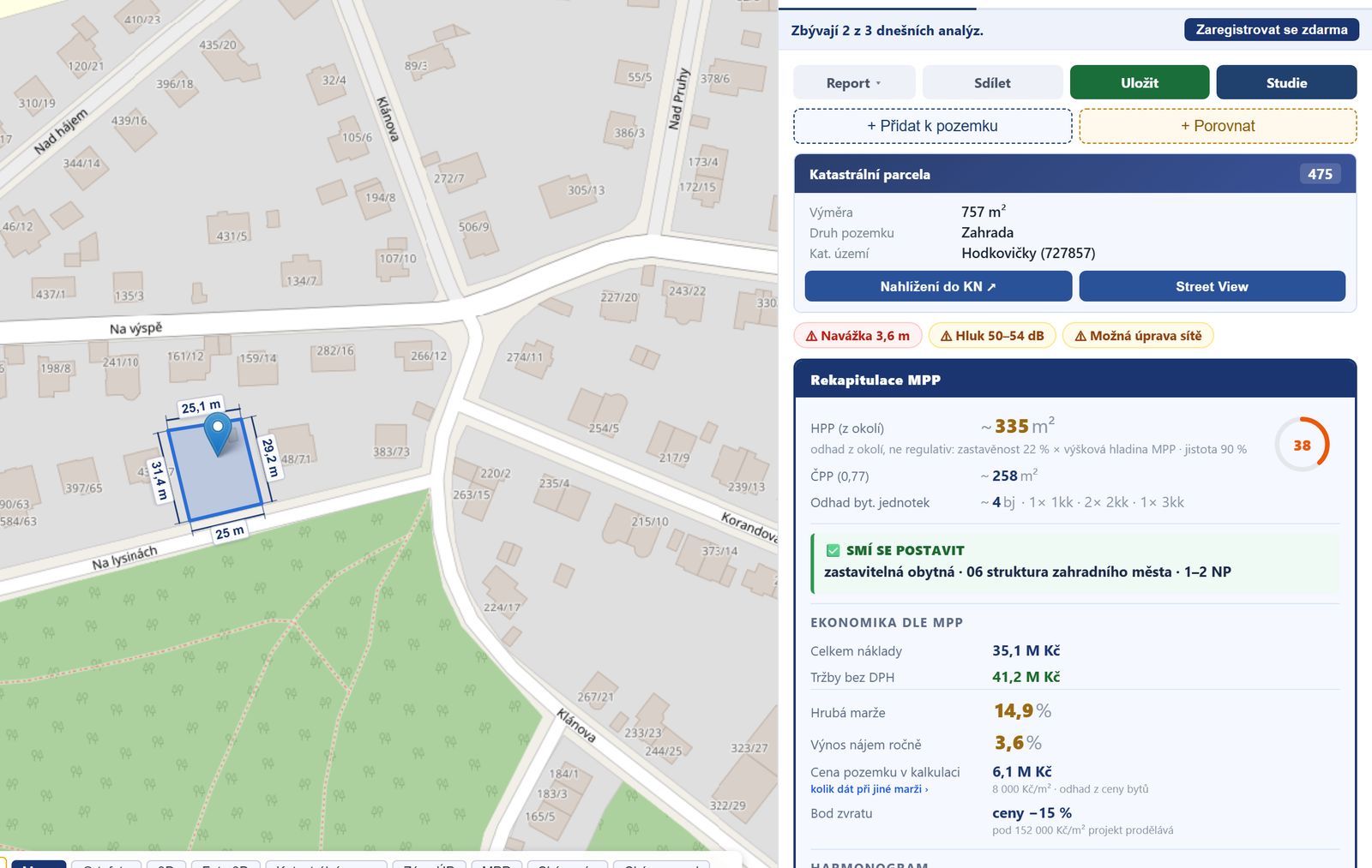 Mapa devcheck se zahradou 757 m² v pražských Hodkovičkách a panelem Rekapitulace MPP: HPP z okolí asi 335 m², smí se postavit, zastavitelná obytná, struktura zahradního města, 1–2 NP