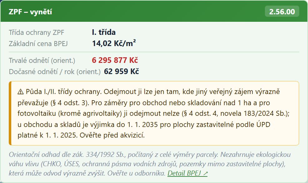 Karta ZPF v devcheck pro ornou půdu v Lahovicích: BPEJ 2.56.00, I. třída ochrany, základní cena 14,02 Kč/m², trvalé odnětí orientačně 6 295 877 Kč