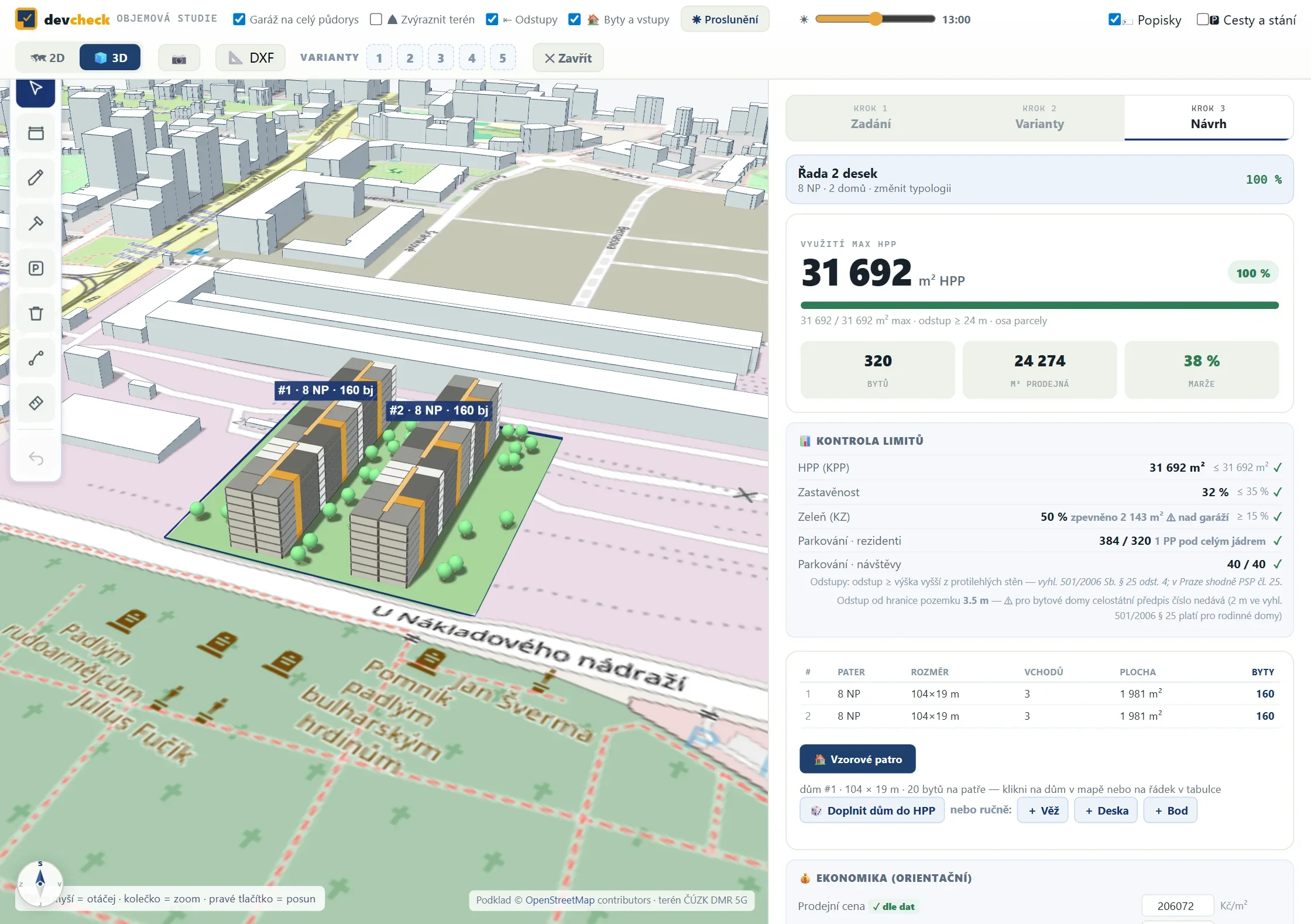Objemová studie v Devchecku – ukázková parcela 4450/113 na Žižkově: dva bytové domy 104 × 19 m v 8 podlažích ve 3D s okolní zástavbou, 320 bytů, 31 692 m² HPP (100 %) a marže 38 %