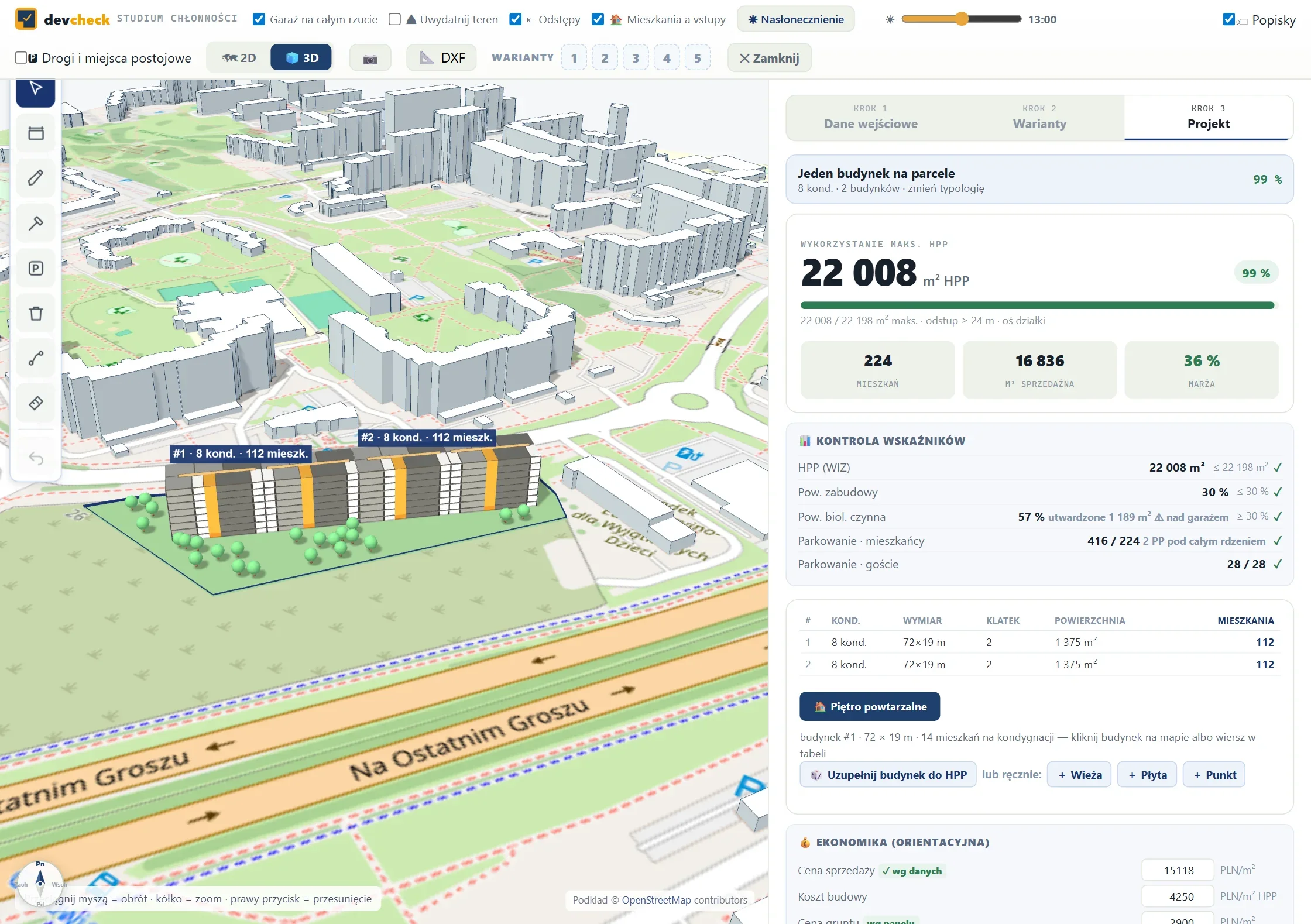 Studium chłonności w devchecku – przykładowa działka 17/57 na wrocławskim Gądowie Małym: dwa budynki 72 × 19 m, 8 kondygnacji, w modelu 3D z sąsiedztwem, 224 mieszkania, 22 008 m² HPP (99 %) i marża 36 %