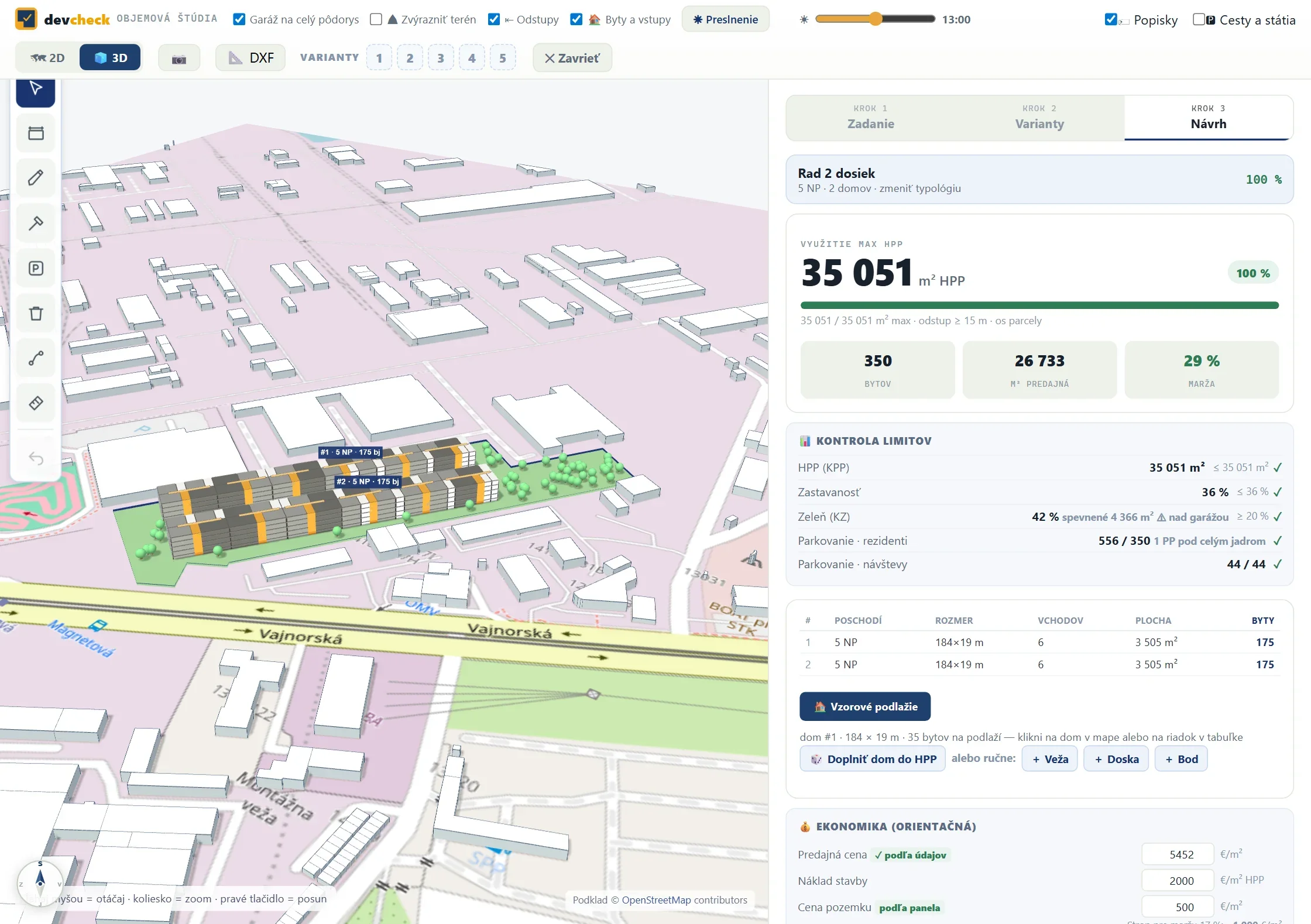 Objemová štúdia v devchecku – ukážková parcela 13601/79 v bratislavskom Novom Meste: dva bytové domy 184 × 19 m v 5 podlažiach v 3D modeli s okolitou zástavbou, 350 bytov, 35 051 m² HPP (100 %) a marža 29 %