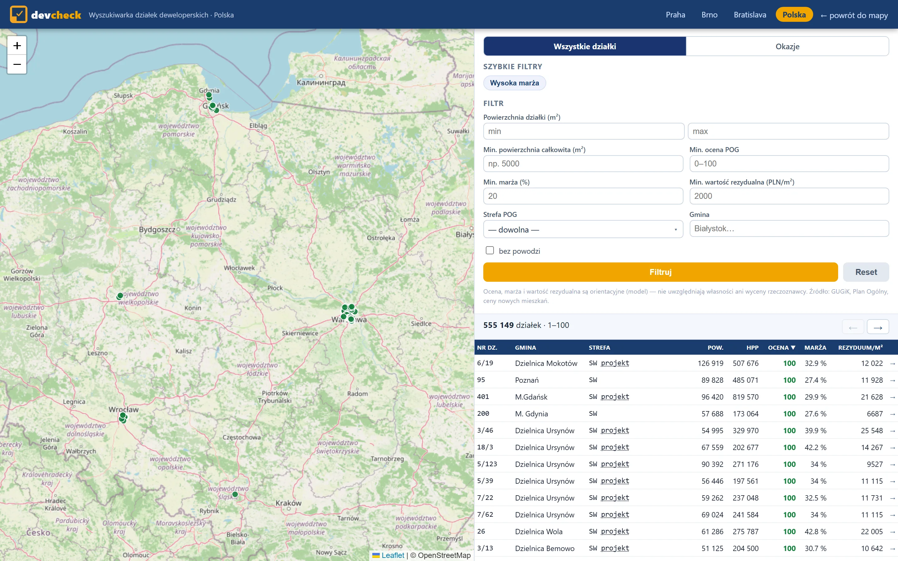Wyszukiwarka działek w devchecku: mapa Polski z wynikami i tabela z gminą, strefą planu ogólnego, powierzchnią, oceną, marżą i wartością rezydualną